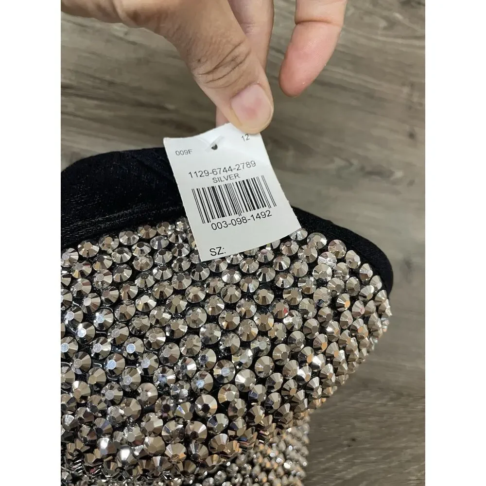 Bling Rhinestone Bedazzled Baseball Cap Silver Studded Adjustable Black Hat NEW